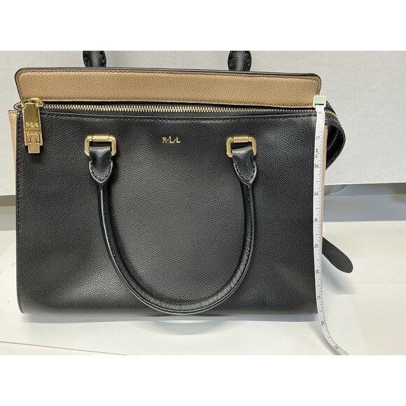Ralph Lauren Brown & Tan Satchel Purse, Detachable Strap, Zipper Lock - Picture 4 of 14